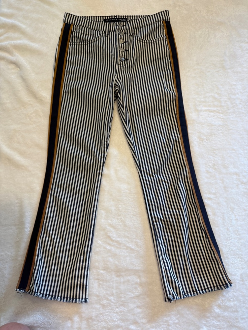 Veronica Beard Blue and White Striped Ankle Pants with Navy & Gold Side Stripe